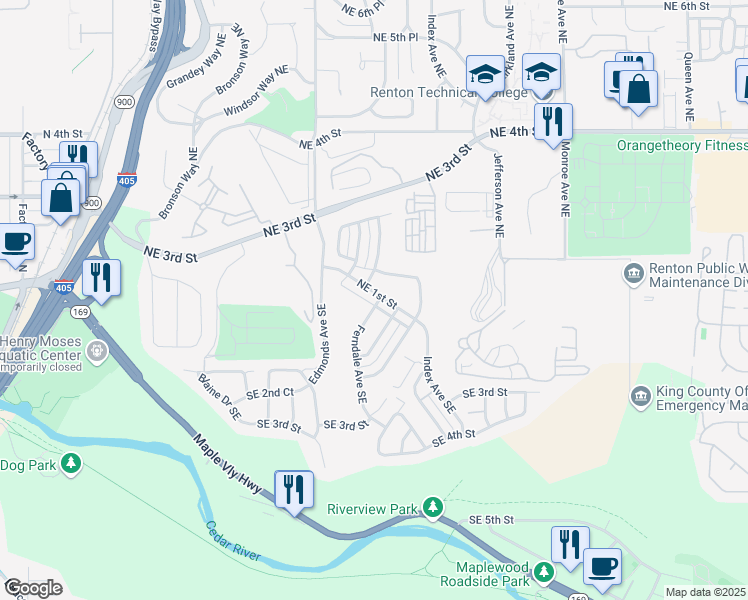 map of restaurants, bars, coffee shops, grocery stores, and more near 2627 Northeast 1st Street in Renton