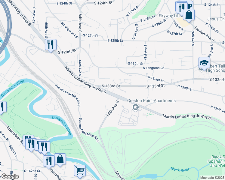 map of restaurants, bars, coffee shops, grocery stores, and more near 6801 South 133rd Street in Seattle