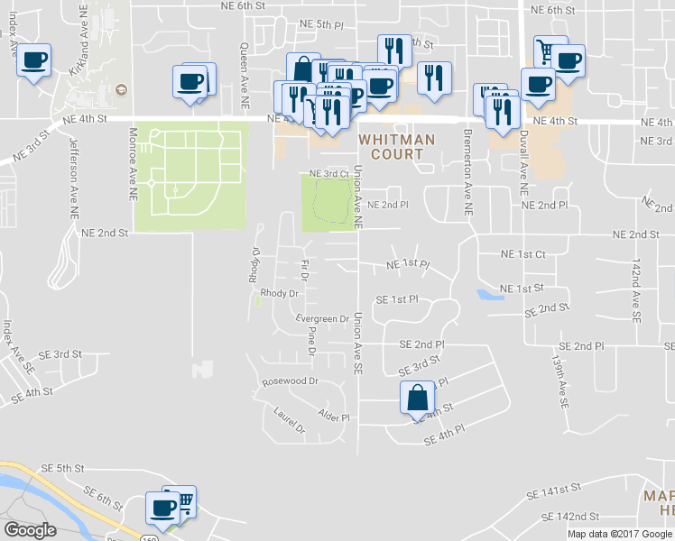 map of restaurants, bars, coffee shops, grocery stores, and more near 115 Union Avenue Northeast in Renton
