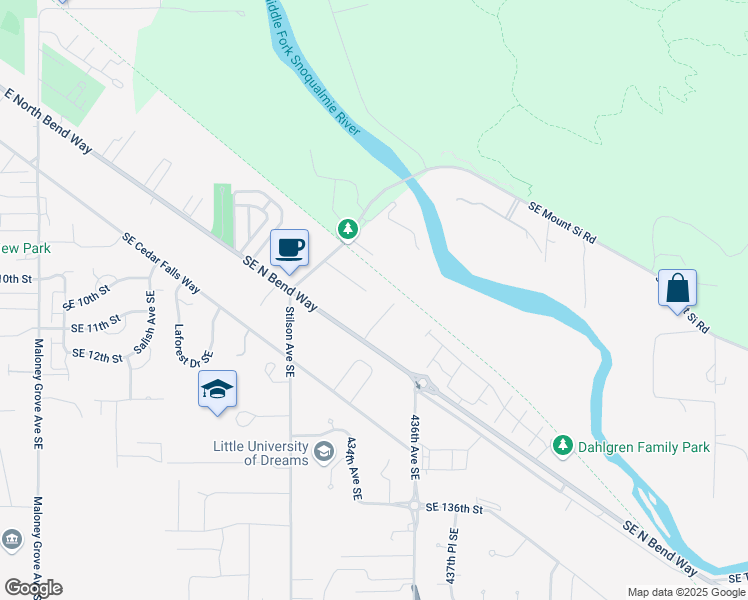 map of restaurants, bars, coffee shops, grocery stores, and more near 12800 436th Avenue Southeast in North Bend