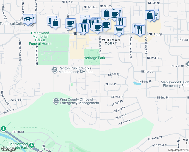 map of restaurants, bars, coffee shops, grocery stores, and more near 115 Union Avenue Northeast in Renton