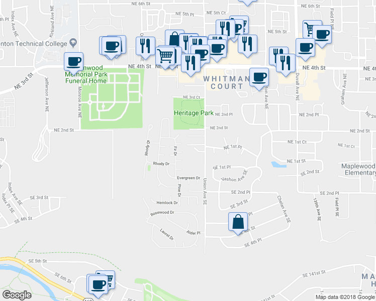 map of restaurants, bars, coffee shops, grocery stores, and more near 4000 Northeast 1st Place in Renton