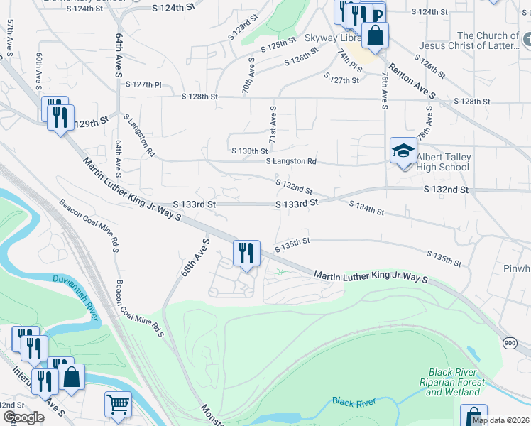 map of restaurants, bars, coffee shops, grocery stores, and more near 7025 South 133rd Street in Seattle