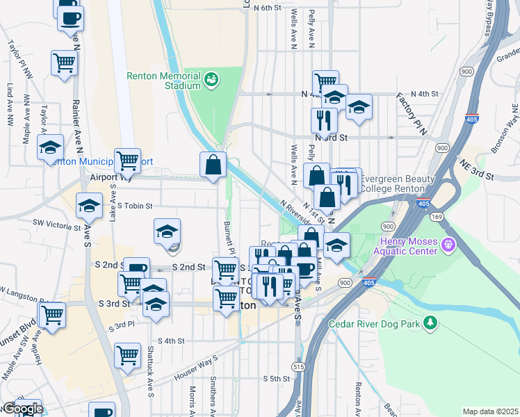 map of restaurants, bars, coffee shops, grocery stores, and more near 100 Williams Avenue South in Renton
