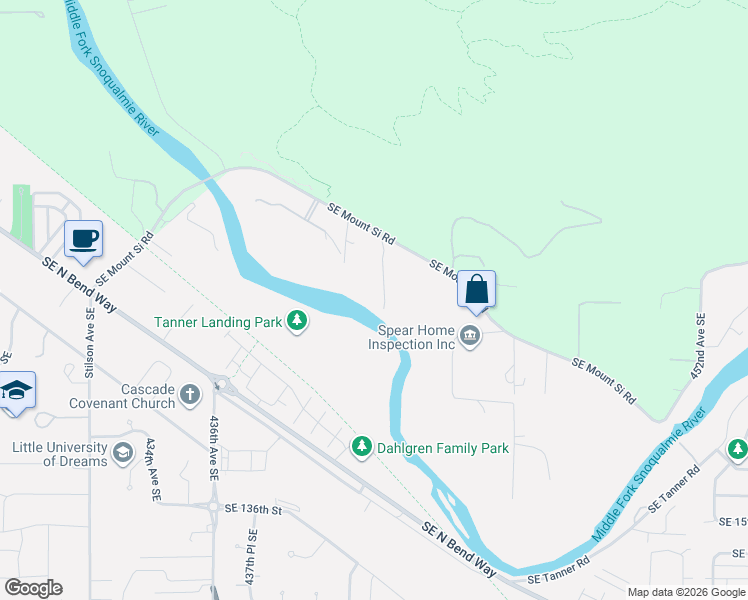 map of restaurants, bars, coffee shops, grocery stores, and more near 44111 Southeast Mount Si Road in North Bend