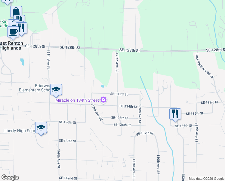 map of restaurants, bars, coffee shops, grocery stores, and more near 17370 Southeast 133rd Street in Renton