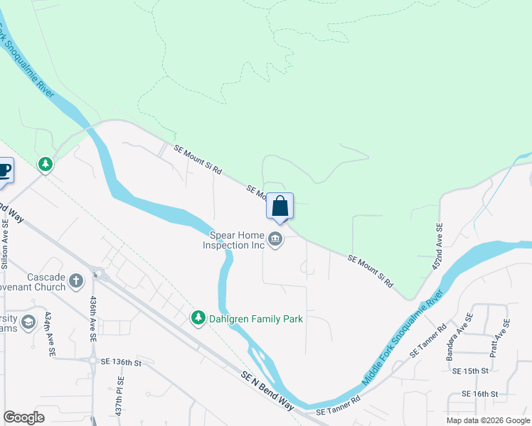 map of restaurants, bars, coffee shops, grocery stores, and more near 44402 Southeast 130th Street in North Bend