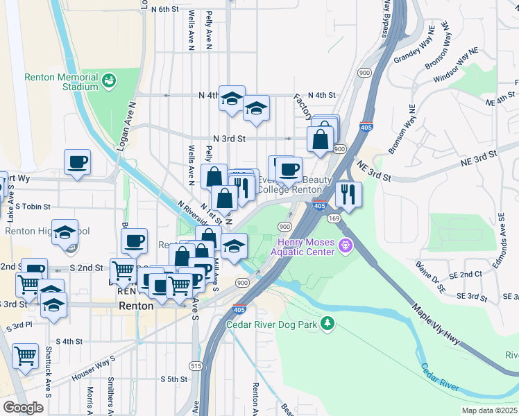 map of restaurants, bars, coffee shops, grocery stores, and more near 1300 Bronson Way North in Renton