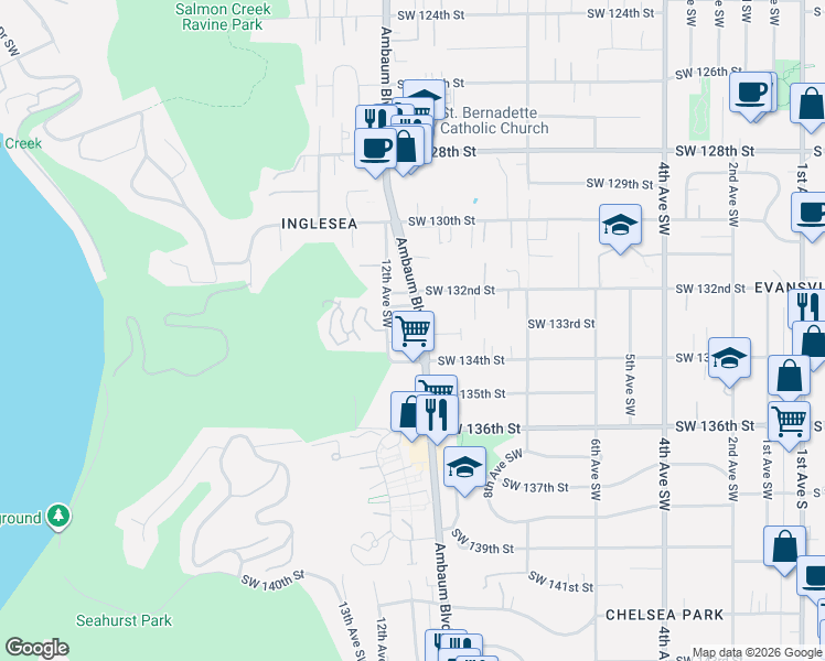 map of restaurants, bars, coffee shops, grocery stores, and more near 13243 Ambaum Boulevard Southwest in Burien
