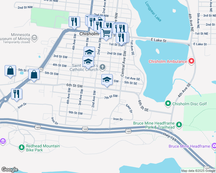 map of restaurants, bars, coffee shops, grocery stores, and more near 104 6th Street Southwest in Chisholm