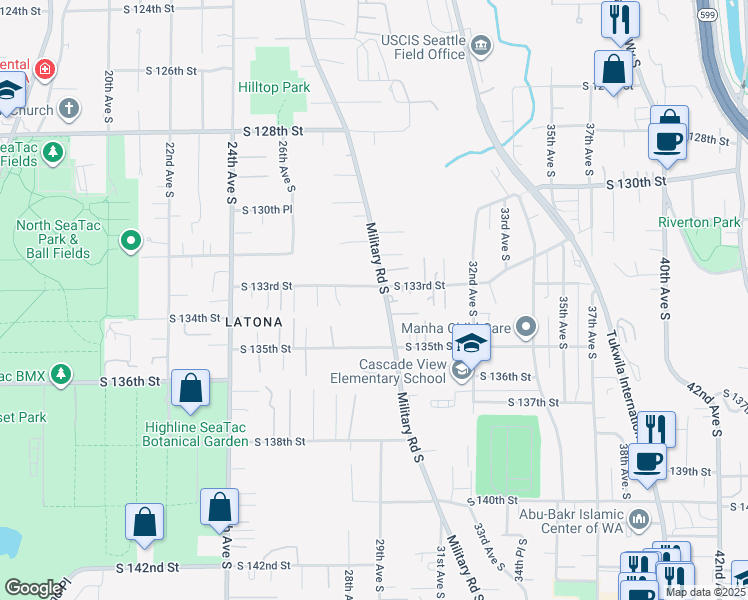 map of restaurants, bars, coffee shops, grocery stores, and more near 2723 South 133rd Street in SeaTac