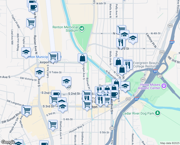 map of restaurants, bars, coffee shops, grocery stores, and more near 75 Burnett Avenue North in Renton