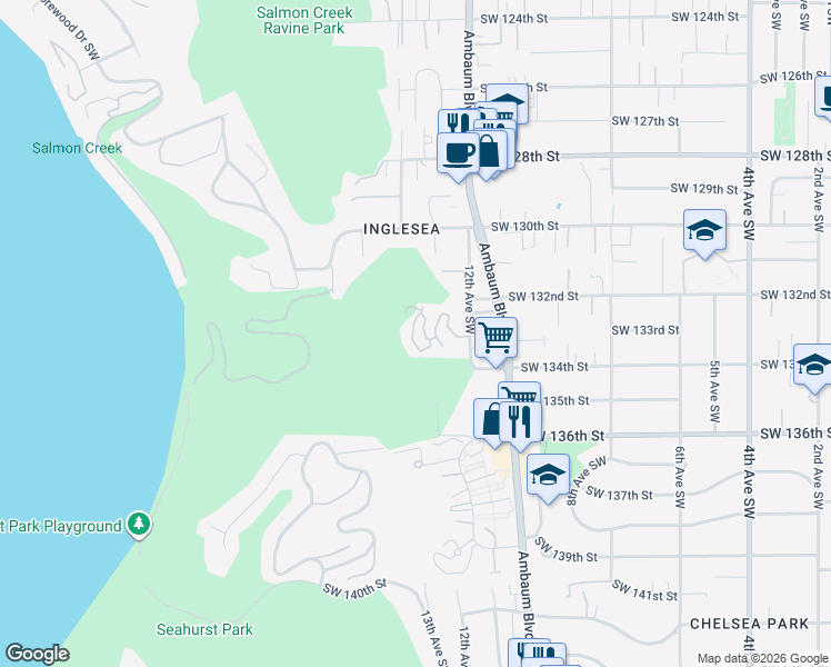 map of restaurants, bars, coffee shops, grocery stores, and more near 1235 Southwest 132nd Lane in Burien