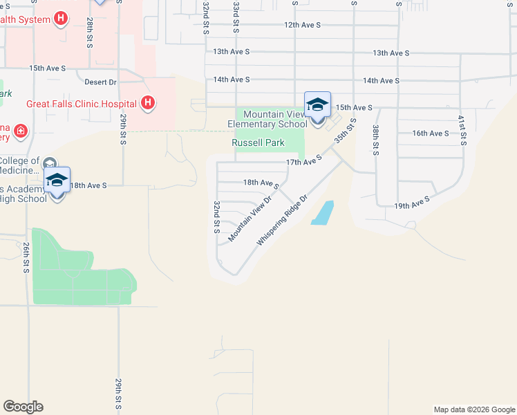 map of restaurants, bars, coffee shops, grocery stores, and more near 3398 19th Avenue South in Great Falls