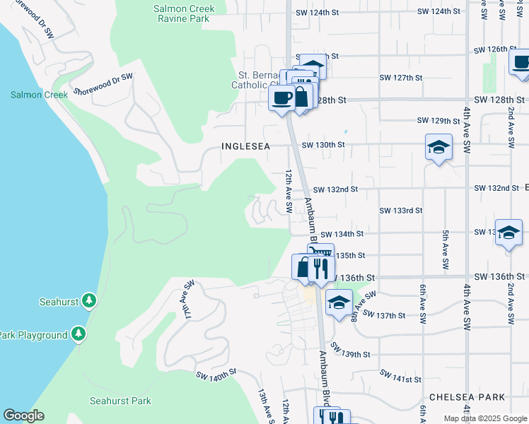 map of restaurants, bars, coffee shops, grocery stores, and more near 13229 12th Avenue Southwest in Burien
