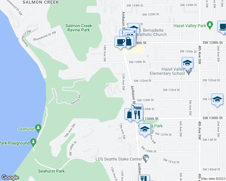 map of restaurants, bars, coffee shops, grocery stores, and more near 13235 12th Avenue Southwest in Burien