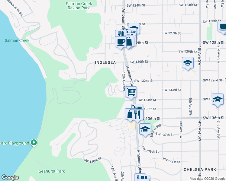 map of restaurants, bars, coffee shops, grocery stores, and more near 13235 12th Avenue Southwest in Burien