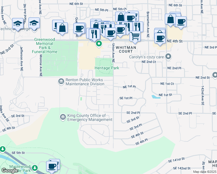 map of restaurants, bars, coffee shops, grocery stores, and more near 115 Union Avenue Northeast in Renton