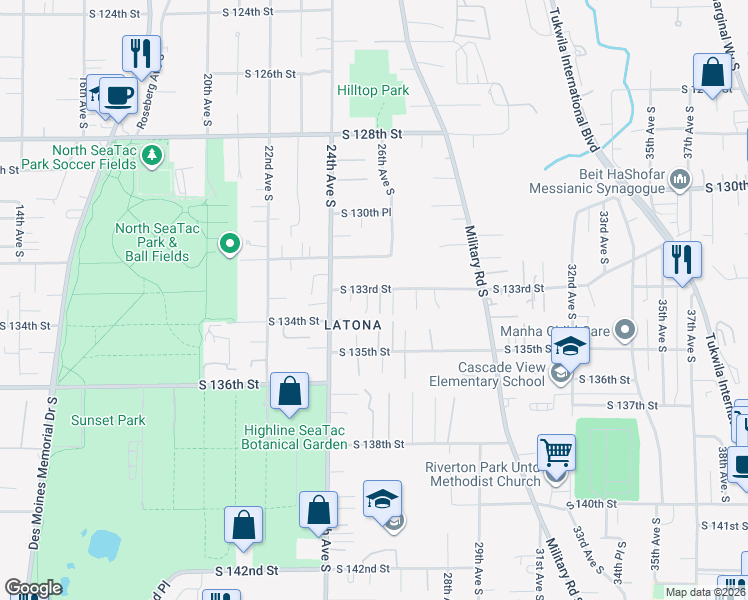 map of restaurants, bars, coffee shops, grocery stores, and more near 2431 South 133rd Street in SeaTac