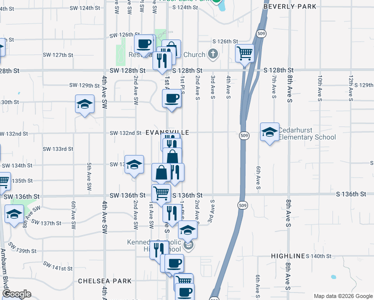 map of restaurants, bars, coffee shops, grocery stores, and more near 13229 1st Place South in Burien