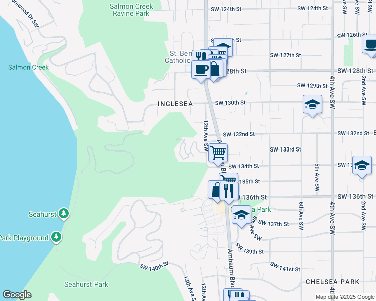 map of restaurants, bars, coffee shops, grocery stores, and more near 1235 Southwest 132nd Lane in Burien