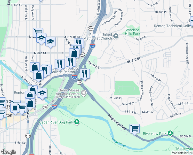 map of restaurants, bars, coffee shops, grocery stores, and more near 151 Monterey Drive Northeast in Renton