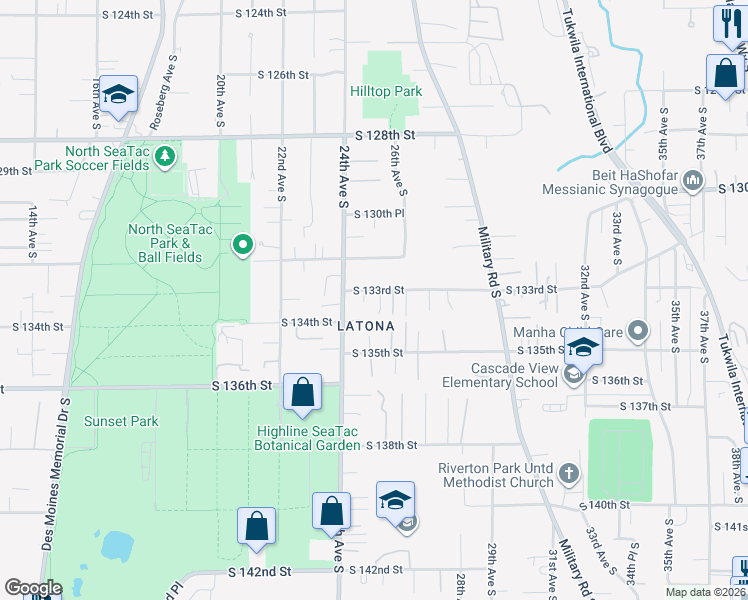 map of restaurants, bars, coffee shops, grocery stores, and more near 2431 South 133rd Street in SeaTac