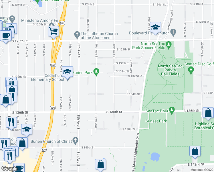 map of restaurants, bars, coffee shops, grocery stores, and more near 13237 12th Ave S in Burien