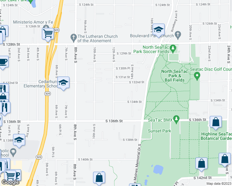 map of restaurants, bars, coffee shops, grocery stores, and more near 13232 12th Avenue South in Burien