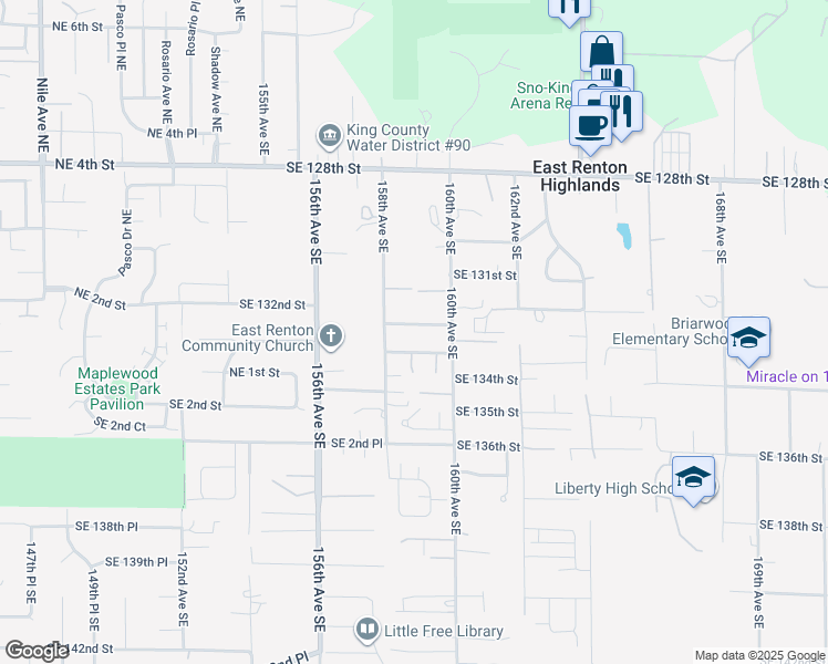map of restaurants, bars, coffee shops, grocery stores, and more near 6721 Northeast 2nd Place in Renton