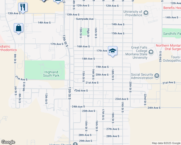 map of restaurants, bars, coffee shops, grocery stores, and more near 1523 20th Avenue South in Great Falls