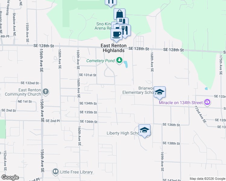 map of restaurants, bars, coffee shops, grocery stores, and more near 13213 164th Avenue SE in Renton