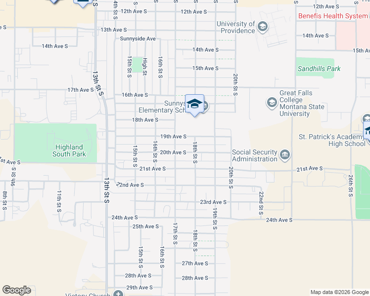 map of restaurants, bars, coffee shops, grocery stores, and more near 1715 20th Avenue South in Great Falls