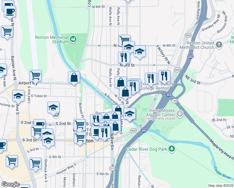 map of restaurants, bars, coffee shops, grocery stores, and more near 916 North 1st Street in Renton