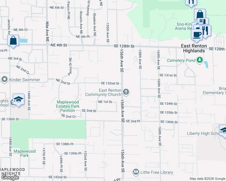 map of restaurants, bars, coffee shops, grocery stores, and more near 15510 Southeast 133rd Street in Renton