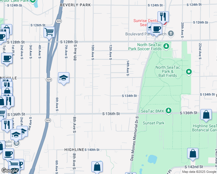 map of restaurants, bars, coffee shops, grocery stores, and more near 13237 12th Avenue South in Burien
