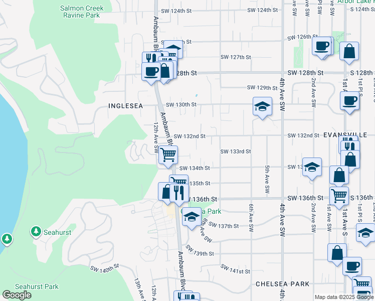 map of restaurants, bars, coffee shops, grocery stores, and more near 13218 Ambaum Boulevard Southwest in Burien