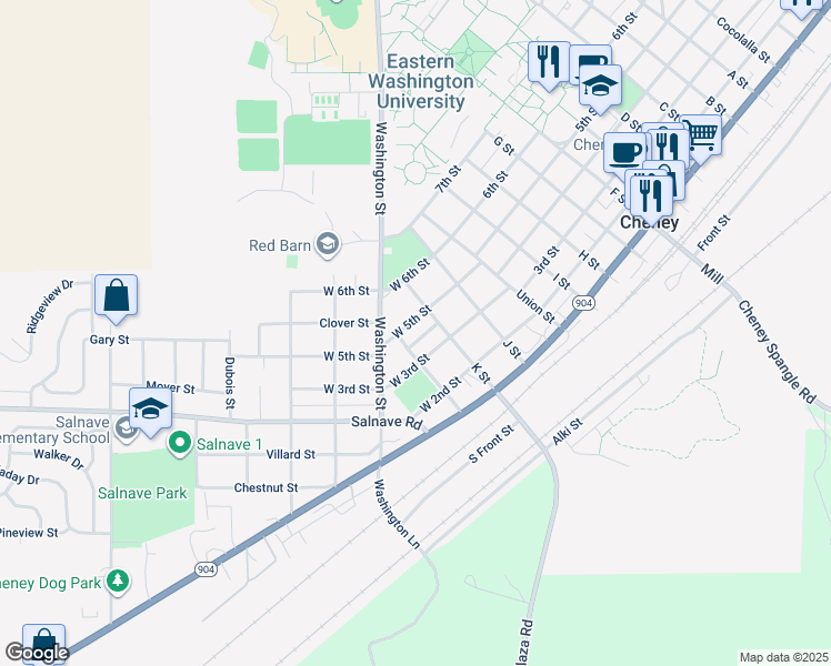 map of restaurants, bars, coffee shops, grocery stores, and more near 219 W 5th St in Cheney
