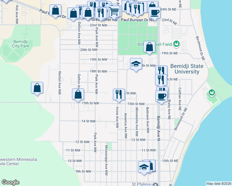 map of restaurants, bars, coffee shops, grocery stores, and more near 1601 Irvine Avenue Northwest in Bemidji