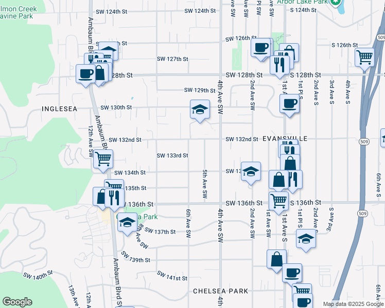 map of restaurants, bars, coffee shops, grocery stores, and more near 13226 6th Avenue Southwest in Burien
