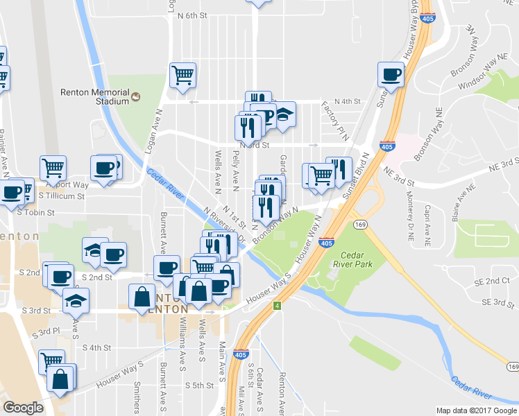 map of restaurants, bars, coffee shops, grocery stores, and more near 130 Park Avenue North in Renton
