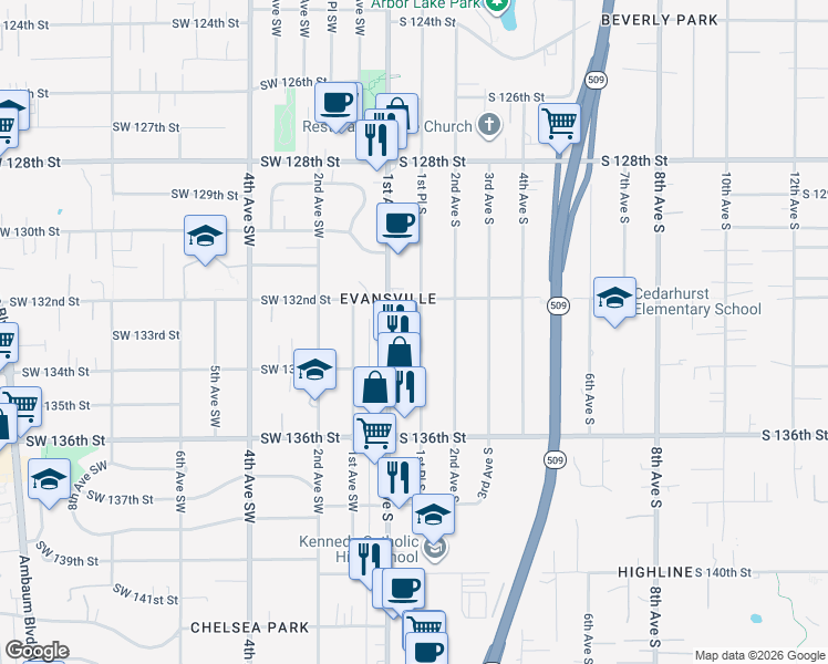 map of restaurants, bars, coffee shops, grocery stores, and more near 13229 1st Place South in Burien