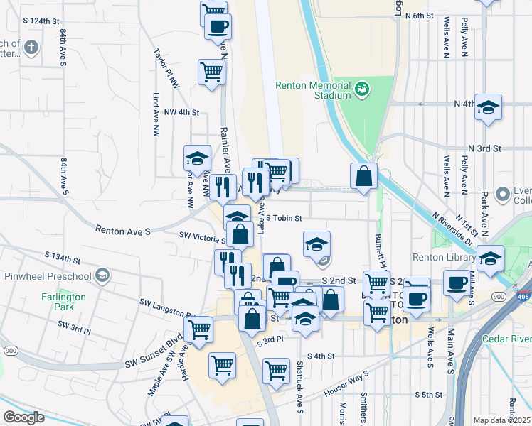 map of restaurants, bars, coffee shops, grocery stores, and more near 108 South Tobin Street in Renton