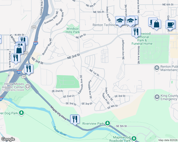map of restaurants, bars, coffee shops, grocery stores, and more near 2529 Northeast 1st Street in Renton