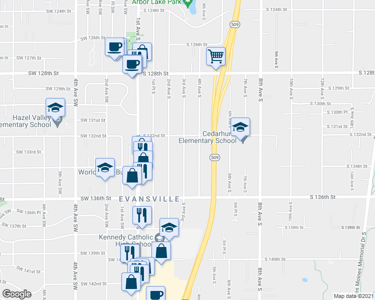 map of restaurants, bars, coffee shops, grocery stores, and more near 13226 3rd Avenue South in Burien
