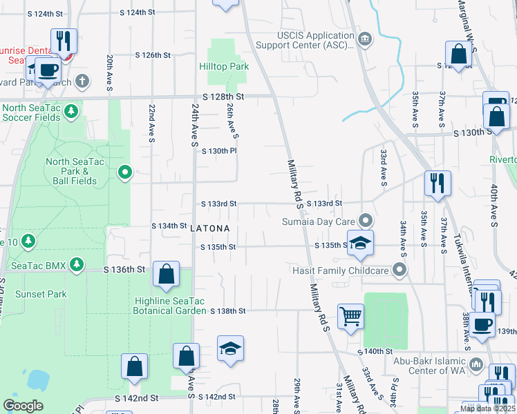 map of restaurants, bars, coffee shops, grocery stores, and more near 2635 South 133rd Street in SeaTac