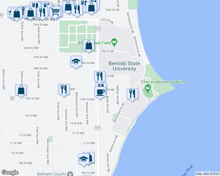 map of restaurants, bars, coffee shops, grocery stores, and more near 1602 Bixby Avenue Northeast in Bemidji