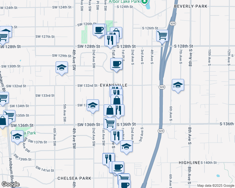 map of restaurants, bars, coffee shops, grocery stores, and more near 13226 1st Avenue South in Burien