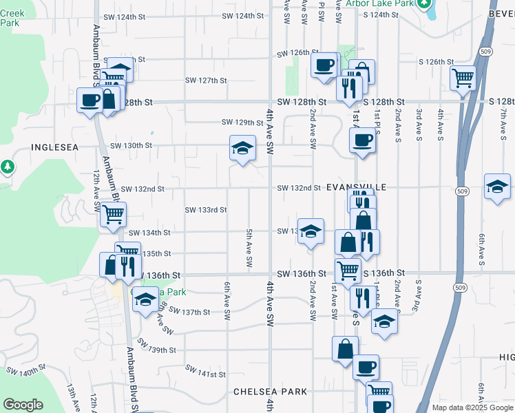 map of restaurants, bars, coffee shops, grocery stores, and more near 13226 5th Avenue Southwest in Burien