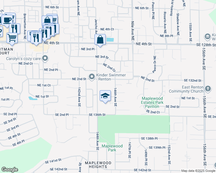 map of restaurants, bars, coffee shops, grocery stores, and more near 5409 Northeast 2nd Street in Renton